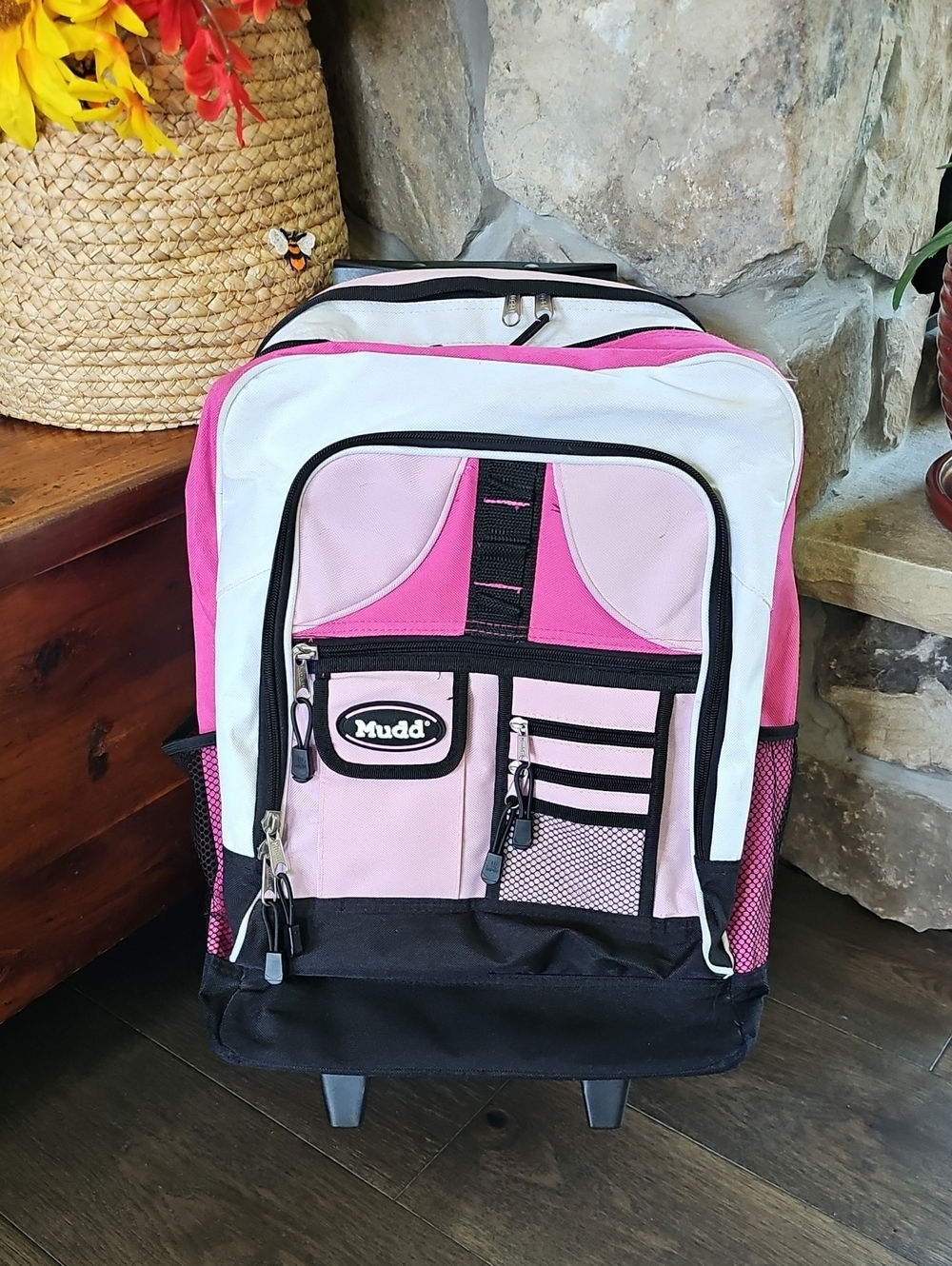 Vintage Mudd Rolling Backpack Y2K Pink Black Wheeled Book Bag